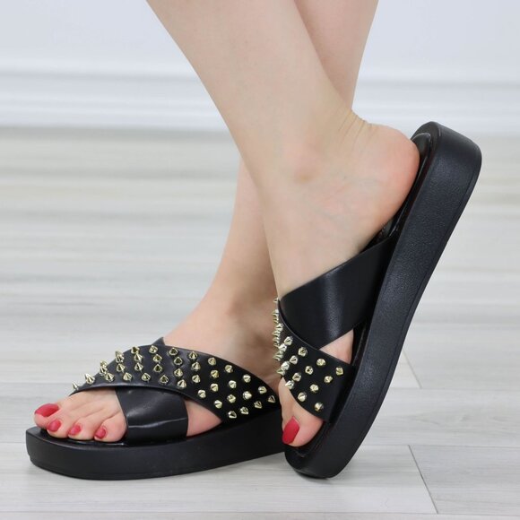 Black Sliders Slip On Sandals Faux Leather Gold Metal Stud Criss Cross - Picture 8 of 12